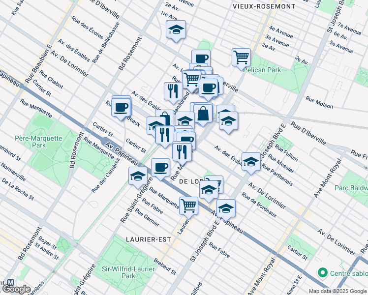 map of restaurants, bars, coffee shops, grocery stores, and more near 5425 Rue de Bordeaux in Montréal