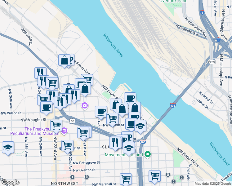 map of restaurants, bars, coffee shops, grocery stores, and more near 2279 Northwest Front Avenue in Portland