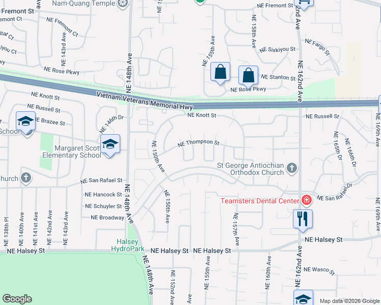 map of restaurants, bars, coffee shops, grocery stores, and more near 2239 Northeast 153rd Avenue in Portland