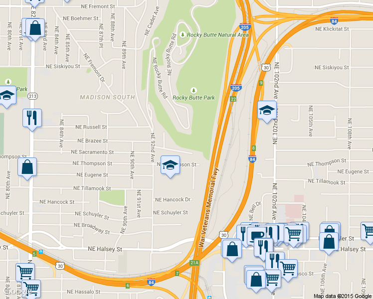 map of restaurants, bars, coffee shops, grocery stores, and more near 3002 Northeast Rocky Butte Road in Portland