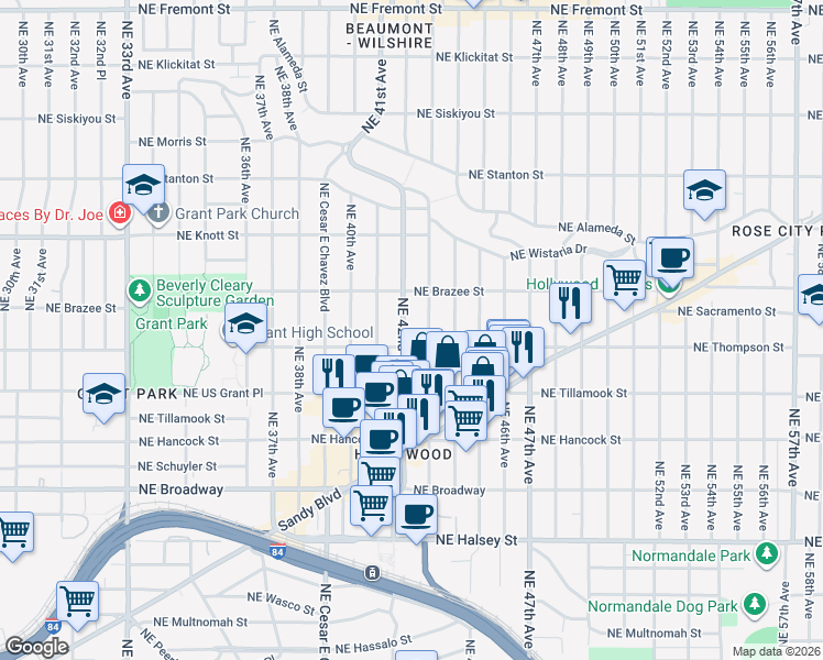 map of restaurants, bars, coffee shops, grocery stores, and more near 2410 Northeast 43rd Avenue in Portland