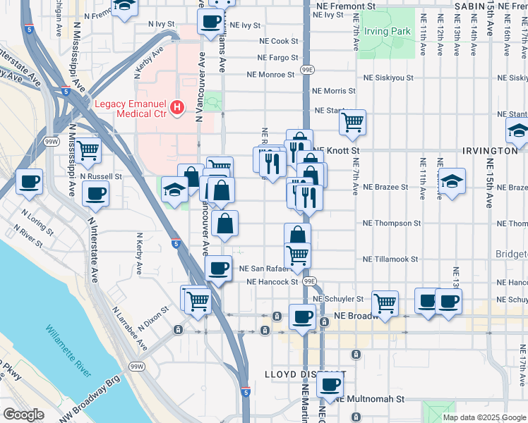 map of restaurants, bars, coffee shops, grocery stores, and more near 103 Northeast Sacramento Street in Portland