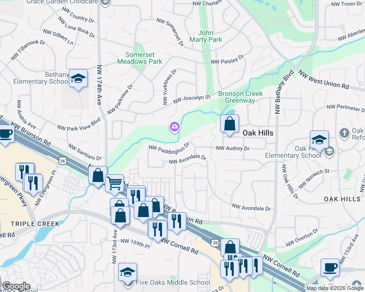map of restaurants, bars, coffee shops, grocery stores, and more near 16597 Northwest Paddington Drive in Beaverton