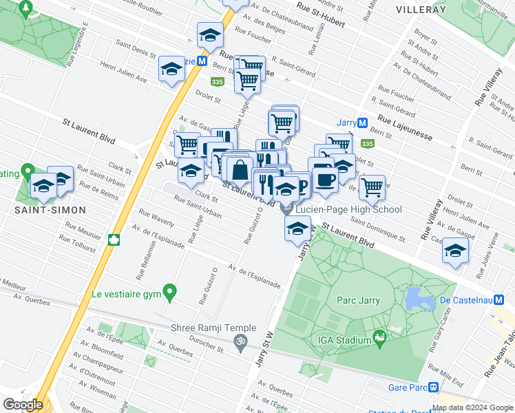 map of restaurants, bars, coffee shops, grocery stores, and more near 5 Rue Guizot Ouest in Montréal