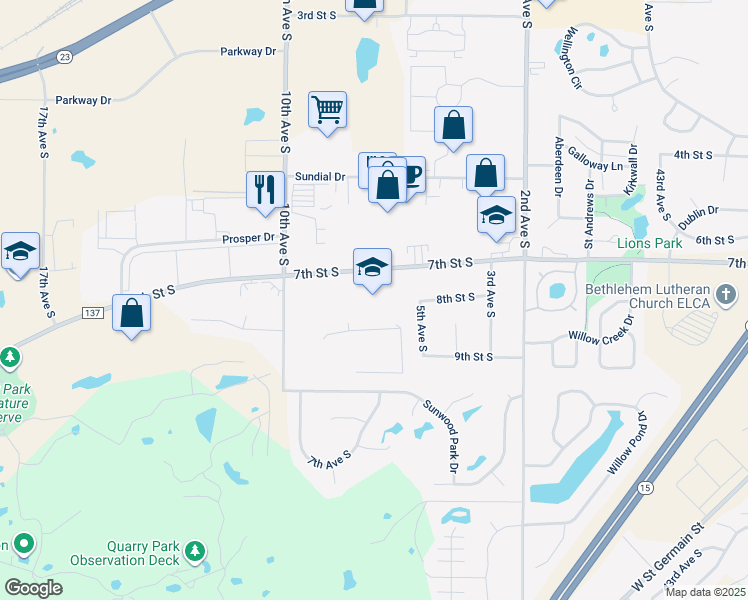 map of restaurants, bars, coffee shops, grocery stores, and more near 700 7th Street South in Waite Park