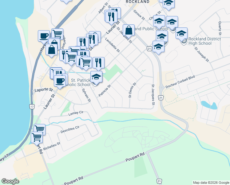map of restaurants, bars, coffee shops, grocery stores, and more near 2659 Liliane Street in Clarence-Rockland