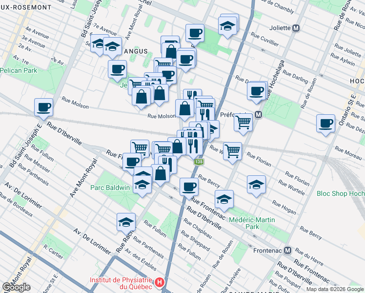 map of restaurants, bars, coffee shops, grocery stores, and more near 2800 Rue Rachel Est in Montreal