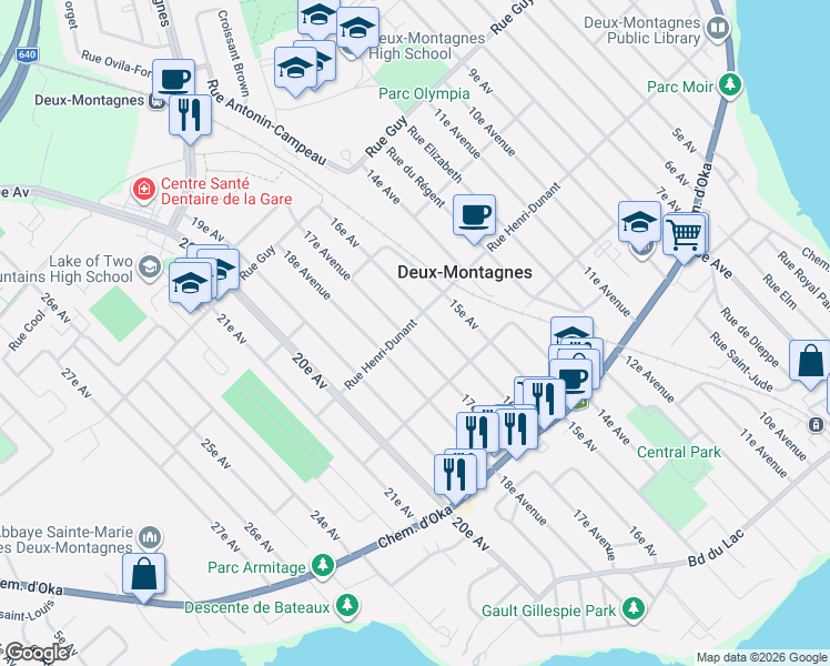 map of restaurants, bars, coffee shops, grocery stores, and more near 323 17e Avenue in Deux-Montagnes