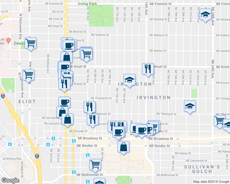 map of restaurants, bars, coffee shops, grocery stores, and more near 2417 Northeast 11th Avenue in Portland