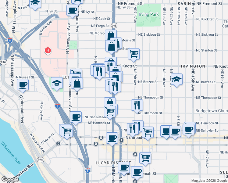 map of restaurants, bars, coffee shops, grocery stores, and more near in Portland