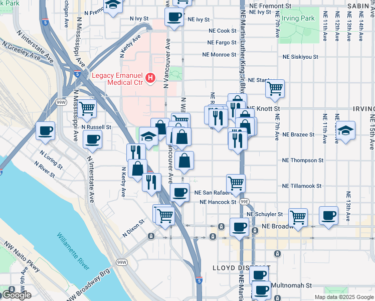 map of restaurants, bars, coffee shops, grocery stores, and more near 2337 North Williams Avenue in Portland