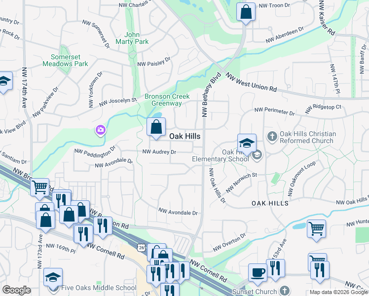 map of restaurants, bars, coffee shops, grocery stores, and more near in Oak Hills