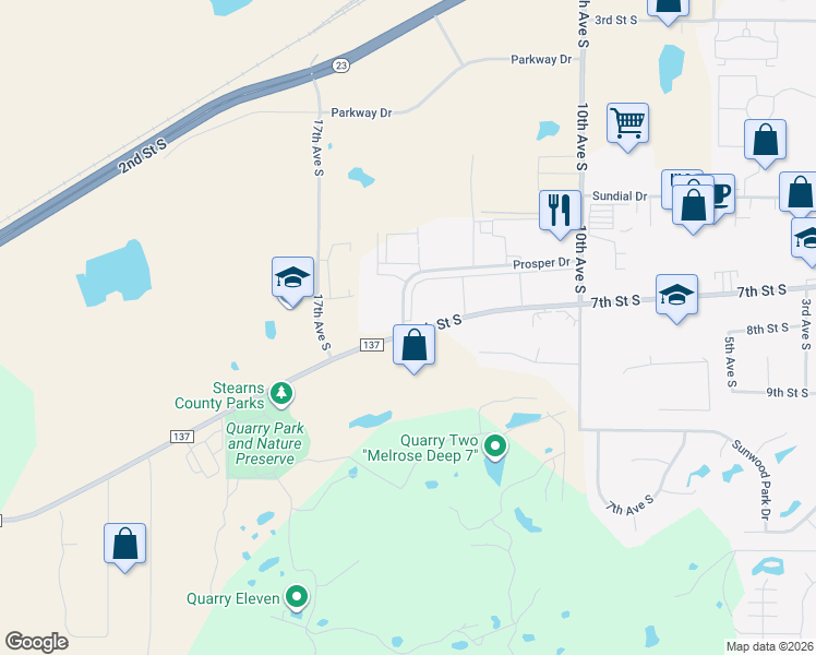 map of restaurants, bars, coffee shops, grocery stores, and more near 690 Prosper Drive in Waite Park