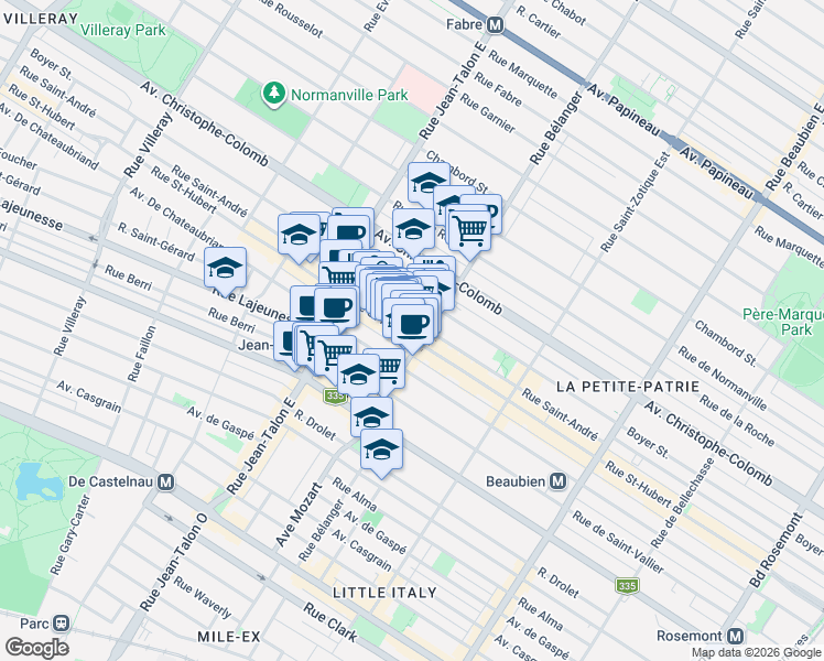 map of restaurants, bars, coffee shops, grocery stores, and more near 6967 Rue Saint-Hubert in Montréal