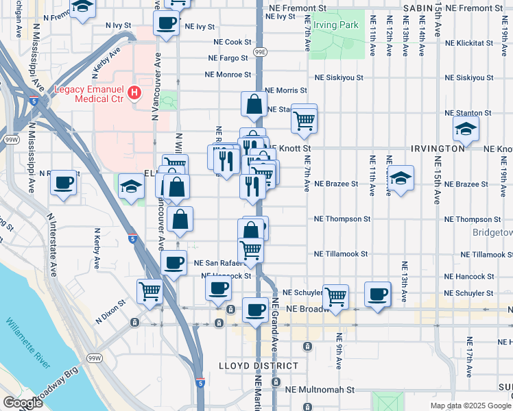 map of restaurants, bars, coffee shops, grocery stores, and more near 2313 Oregon 99E in Portland