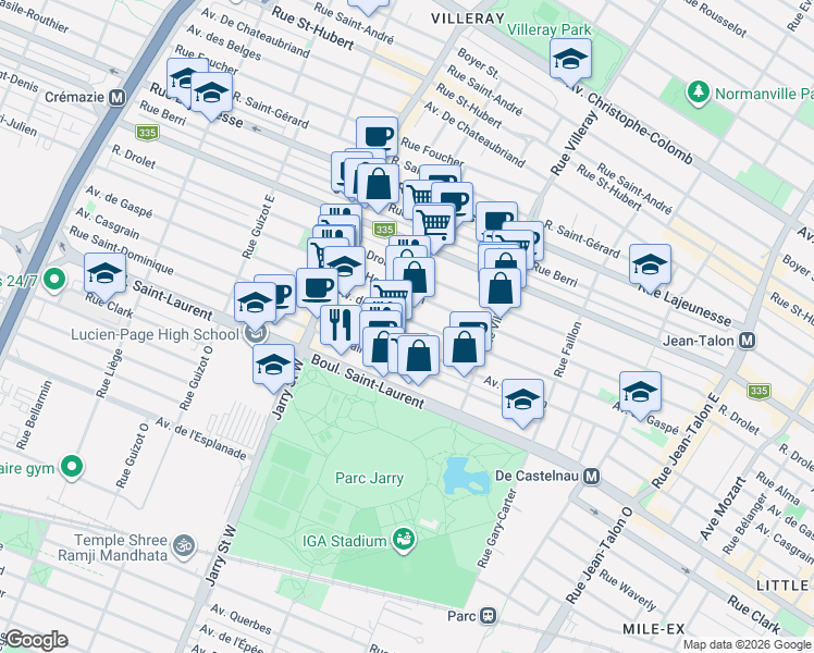 map of restaurants, bars, coffee shops, grocery stores, and more near 7890 Avenue de Gaspé in Montréal
