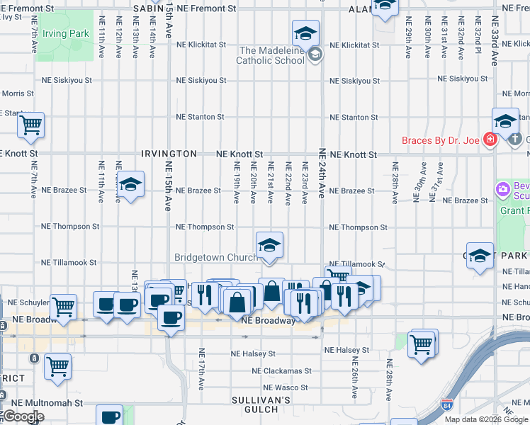 map of restaurants, bars, coffee shops, grocery stores, and more near 2343 Northeast 21st Avenue in Portland