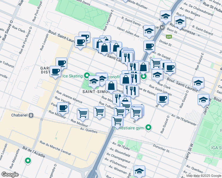 map of restaurants, bars, coffee shops, grocery stores, and more near in Montréal