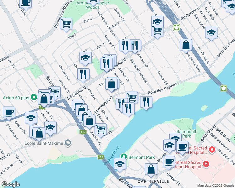 map of restaurants, bars, coffee shops, grocery stores, and more near 3153 Boulevard Lévesque Ouest in Laval