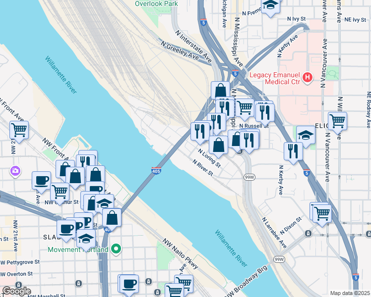 map of restaurants, bars, coffee shops, grocery stores, and more near 1303 South Northrup Street in Portland