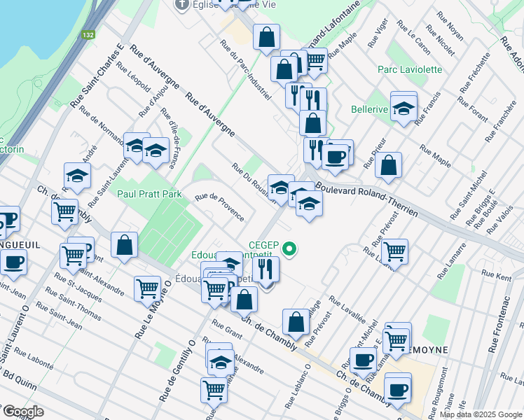 map of restaurants, bars, coffee shops, grocery stores, and more near 855 Rue de Lorraine in Longueuil