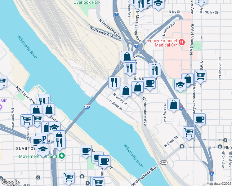 map of restaurants, bars, coffee shops, grocery stores, and more near 2335 North Harding Avenue in Portland