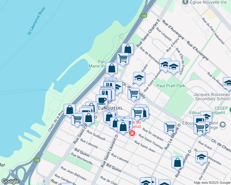 map of restaurants, bars, coffee shops, grocery stores, and more near 89 Rue Saint-Charles Ouest in Longueuil