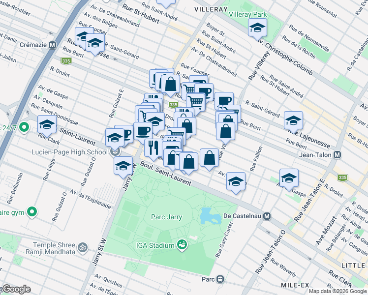 map of restaurants, bars, coffee shops, grocery stores, and more near 7890 Avenue de Gaspé in Montréal