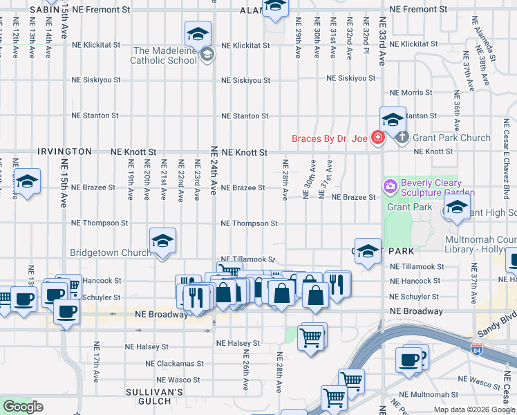 map of restaurants, bars, coffee shops, grocery stores, and more near 2343 Northeast 27th Avenue in Portland