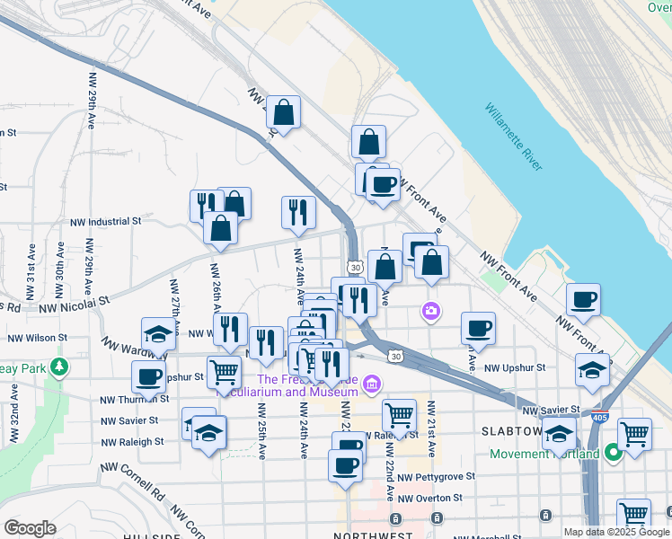 map of restaurants, bars, coffee shops, grocery stores, and more near 2328 Northwest Reed Street in Portland