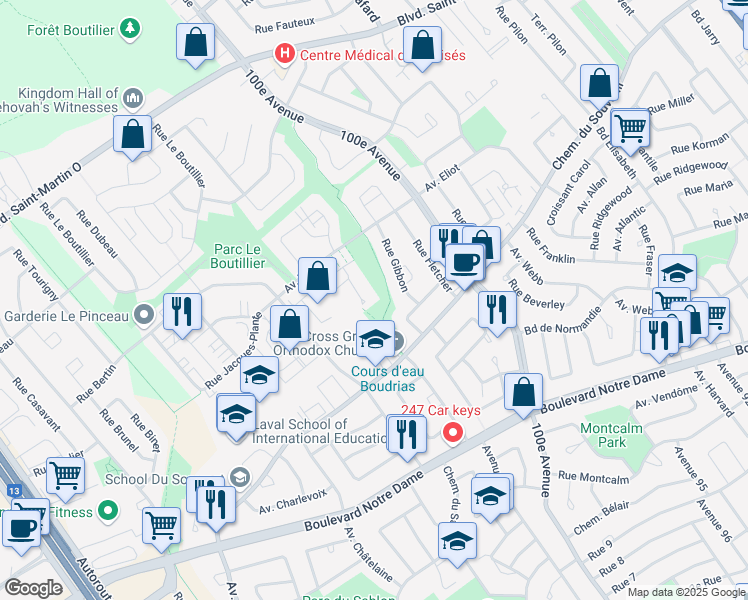 map of restaurants, bars, coffee shops, grocery stores, and more near 5011 Avenue Eliot in Laval