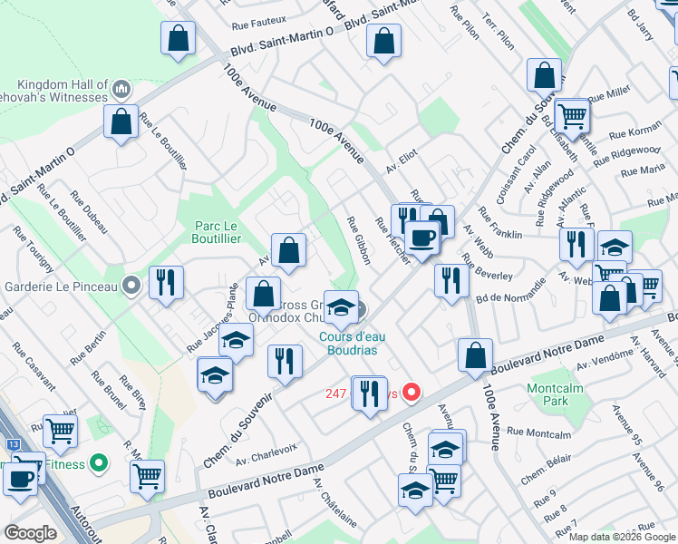 map of restaurants, bars, coffee shops, grocery stores, and more near 5011 Avenue Eliot in Laval
