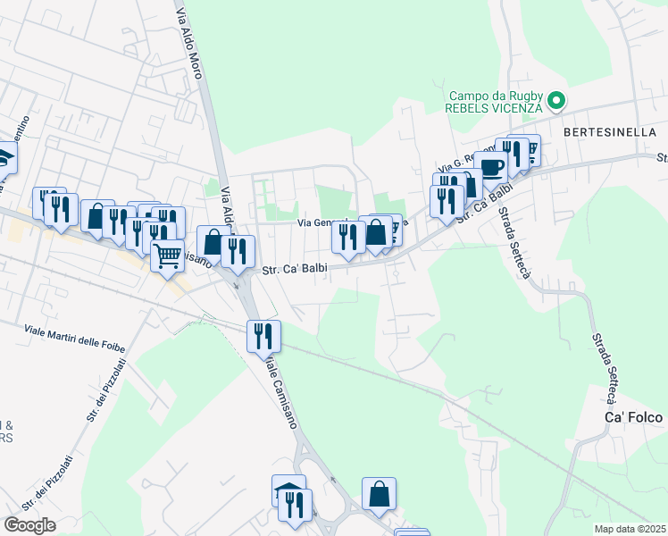 map of restaurants, bars, coffee shops, grocery stores, and more near 87 Strada di Cà Balbi in Vicenza