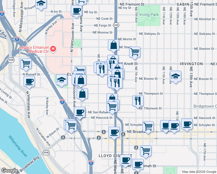 map of restaurants, bars, coffee shops, grocery stores, and more near in Portland