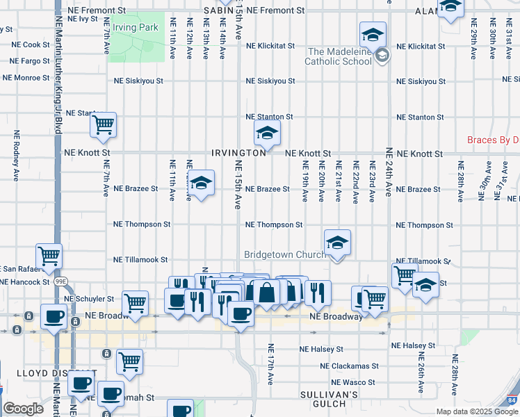 map of restaurants, bars, coffee shops, grocery stores, and more near 2346 Northeast 16th Avenue in Portland