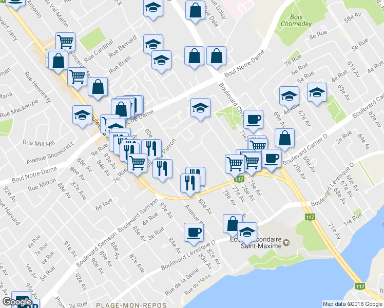 map of restaurants, bars, coffee shops, grocery stores, and more near 742 77e Av in Laval