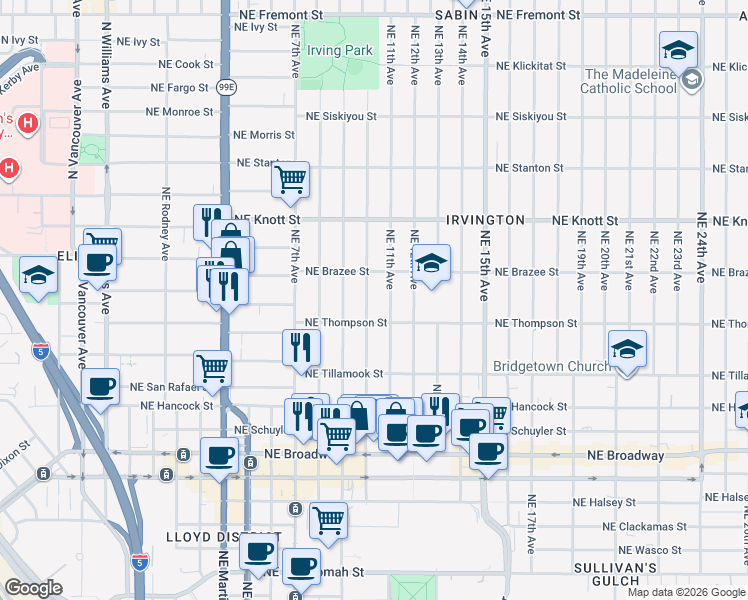 map of restaurants, bars, coffee shops, grocery stores, and more near 2417 Northeast 11th Avenue in Portland