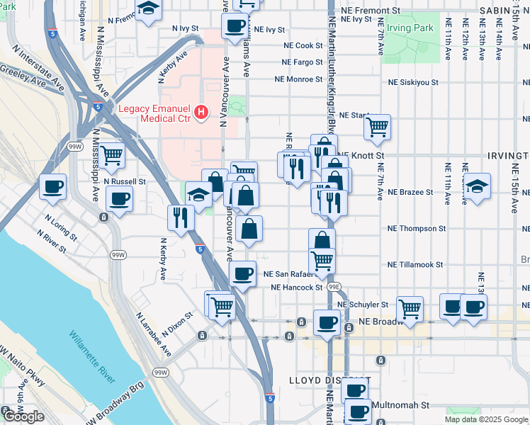 map of restaurants, bars, coffee shops, grocery stores, and more near 35 Northeast Sacramento Street in Portland