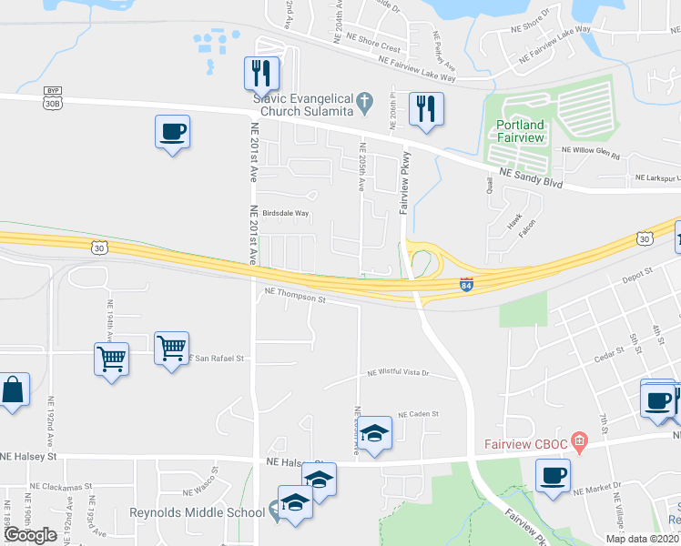 map of restaurants, bars, coffee shops, grocery stores, and more near 2421 Northeast 205th Avenue in Fairview