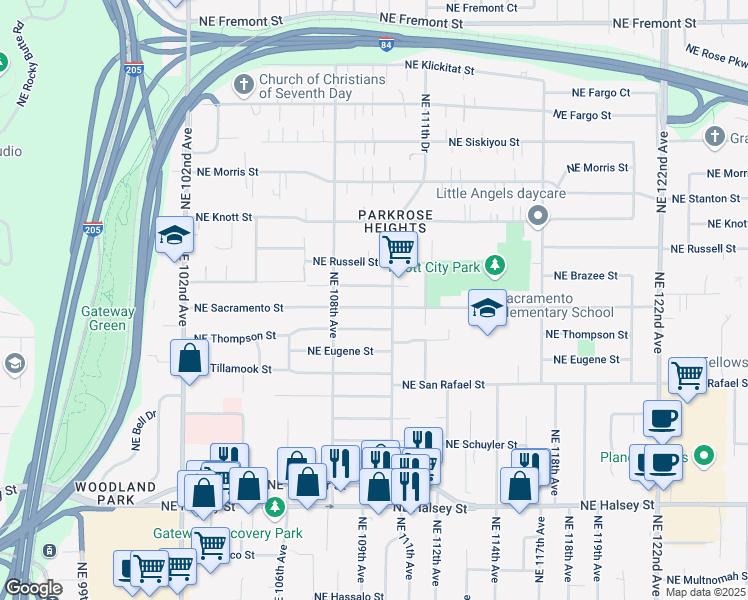 map of restaurants, bars, coffee shops, grocery stores, and more near 10939 Northeast Sacramento Street in Portland