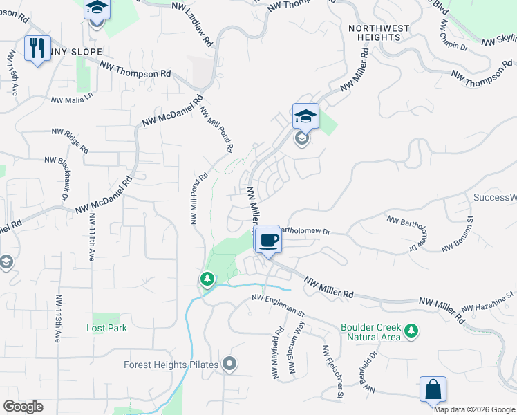 map of restaurants, bars, coffee shops, grocery stores, and more near 9942 Northwest Justus Lane in Portland