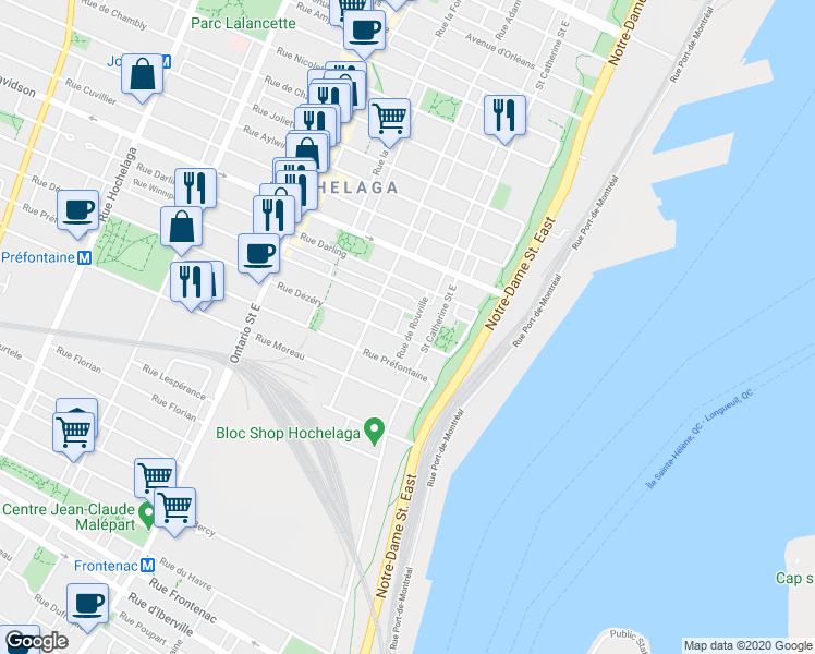 map of restaurants, bars, coffee shops, grocery stores, and more near 3217A Rue de Rouville in Montréal