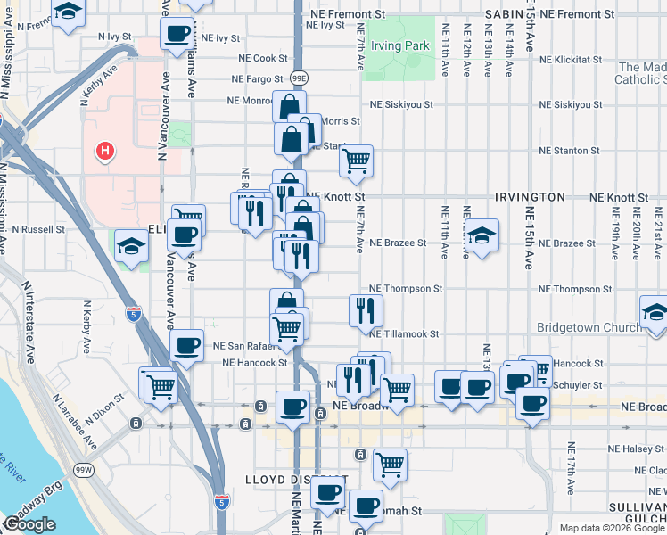 map of restaurants, bars, coffee shops, grocery stores, and more near 519 Northeast Sacramento Street in Portland
