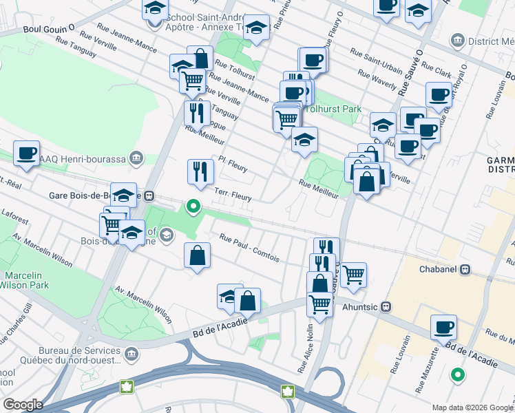 map of restaurants, bars, coffee shops, grocery stores, and more near 10300 Terrasse Fleury in Montréal
