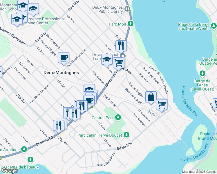 map of restaurants, bars, coffee shops, grocery stores, and more near 1008 Chemin d'Oka in Deux-Montagnes