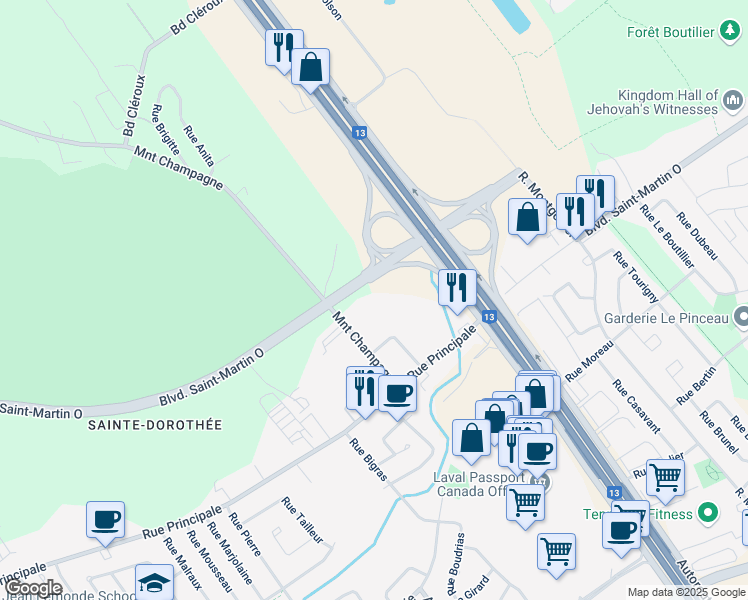 map of restaurants, bars, coffee shops, grocery stores, and more near 1013 Montée Champagne in Laval