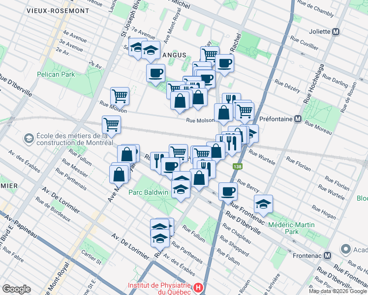 map of restaurants, bars, coffee shops, grocery stores, and more near in Montréal
