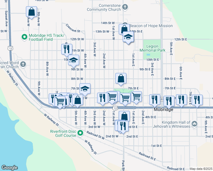 map of restaurants, bars, coffee shops, grocery stores, and more near 706 2nd Avenue West in Mobridge