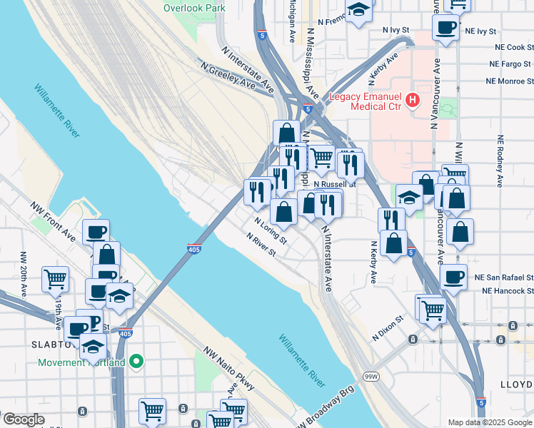 map of restaurants, bars, coffee shops, grocery stores, and more near 2335 North Harding Avenue in Portland