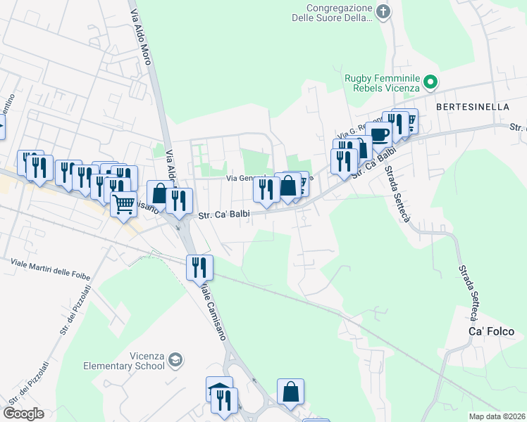 map of restaurants, bars, coffee shops, grocery stores, and more near 87 Strada di Cà Balbi in Vicenza